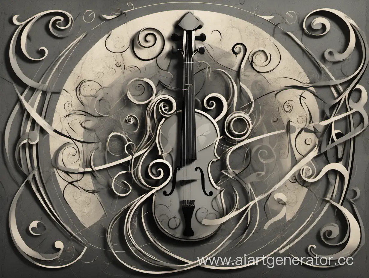 Обложка для музыкального альбома. Серый фон, посередине абстракция в виде переплетённой гитары и скрипичного ключа. Стиль средневековье.