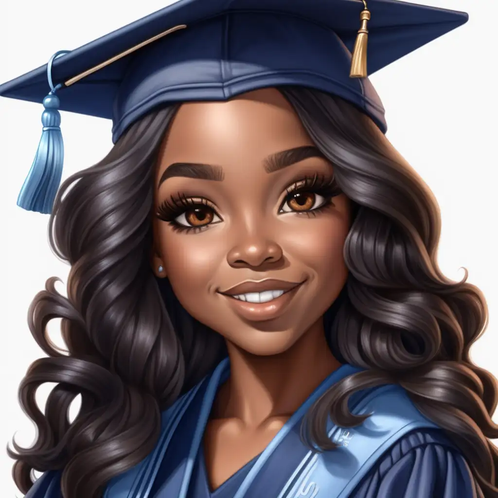 envision hyper-realistic, gorgeous, chibi style black woman, with impeccable makeup, long wavy hair, brown eyes, dressed in a navy blue cap and gown with light blue tassel, and graduation stole