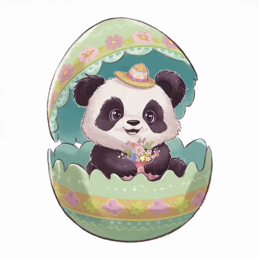 мила маленькая панда сидит в пасхальном яйце с букетом в лапках