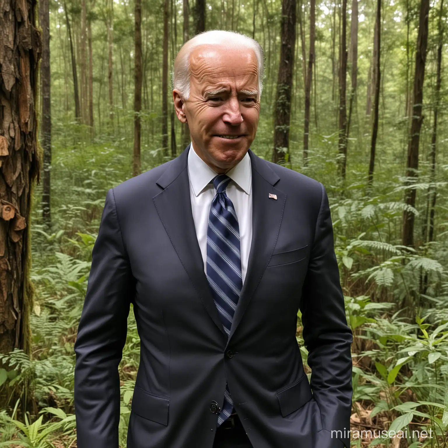  Joe Biden is crying and sad face . Joe Biden wears a suit.  amazon forest