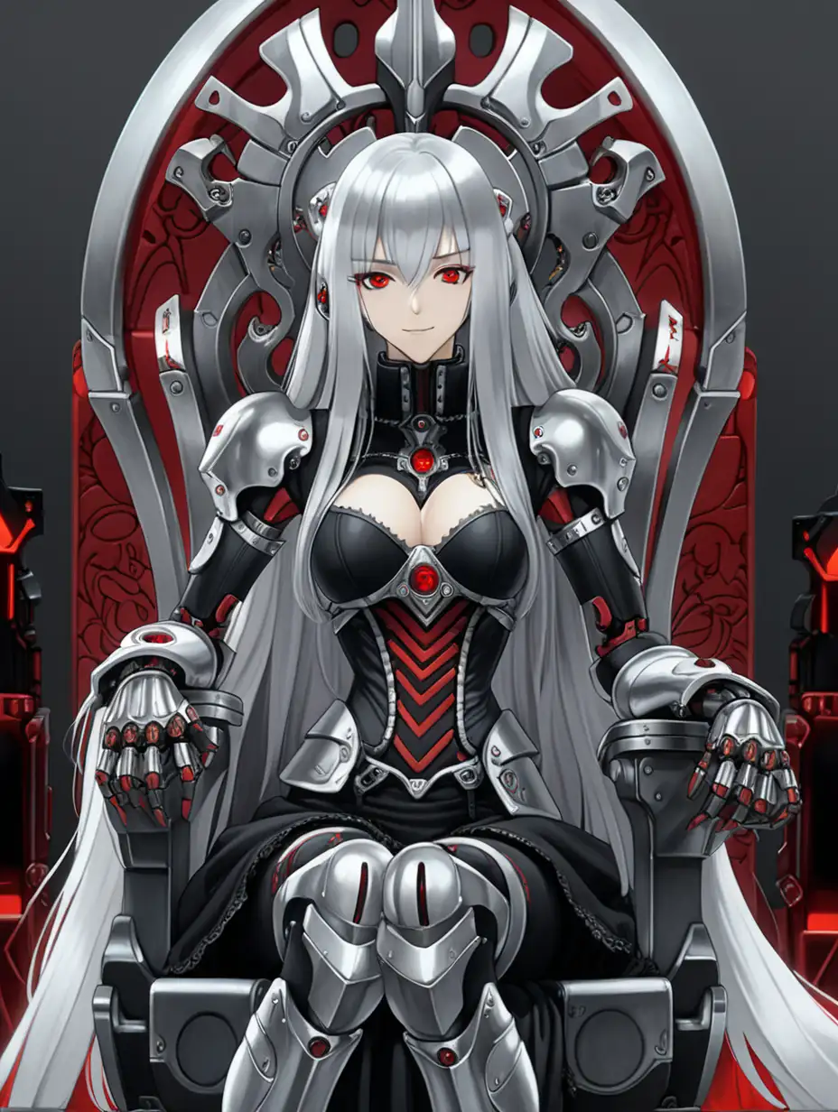 Simple gray background, woman, long silver hair, black Victorian dress, cybernetic implants on body, red eyes, wearing mechanical armor, evil, grin, sitting on throne, anime screencap