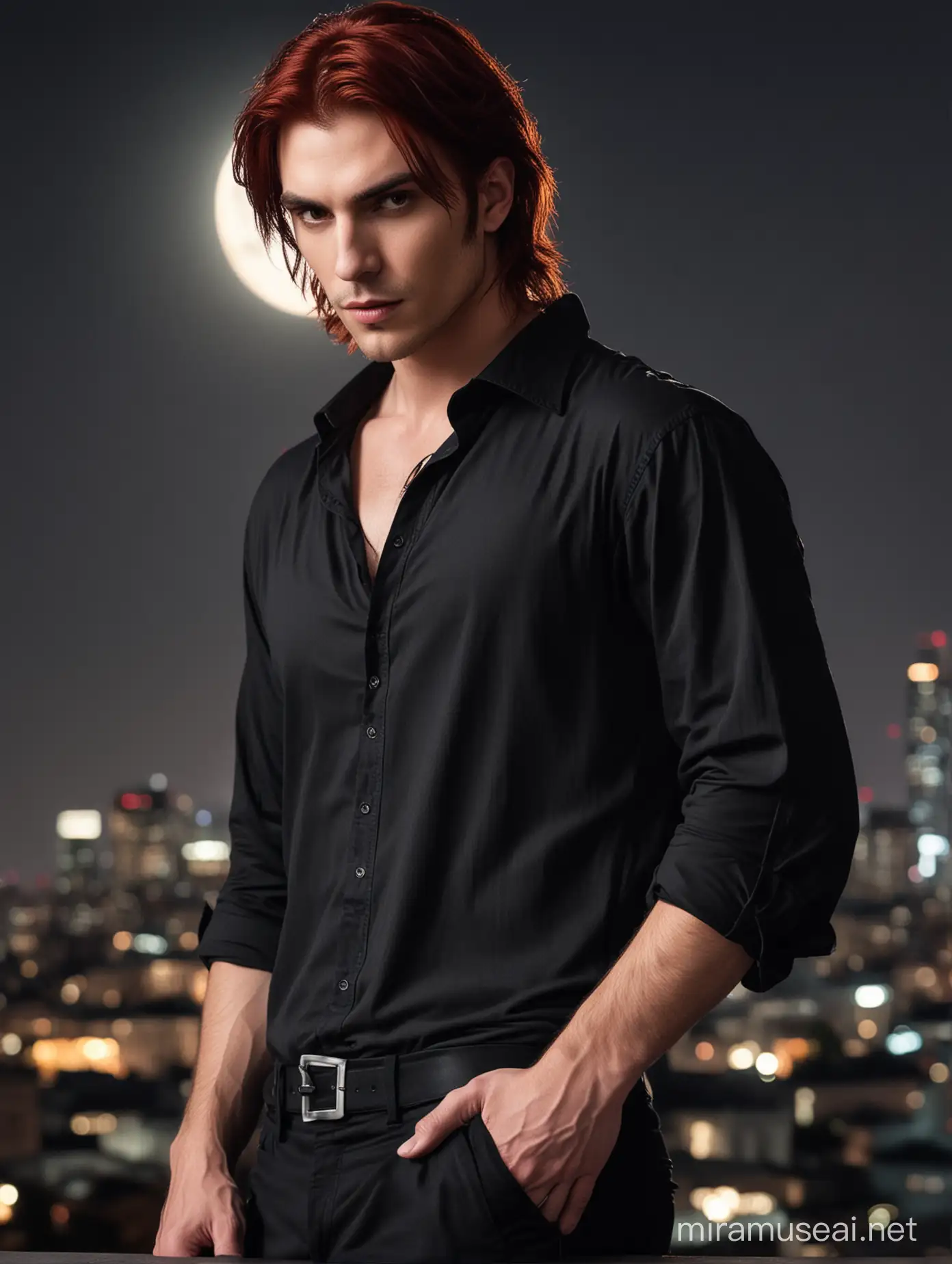 A handsome vampire man that has dark red hair and wearing a black shirt and black fitted pants while looking at the camera intently. The background should be black and there’s a buildings and city lights behind him and red full moon.