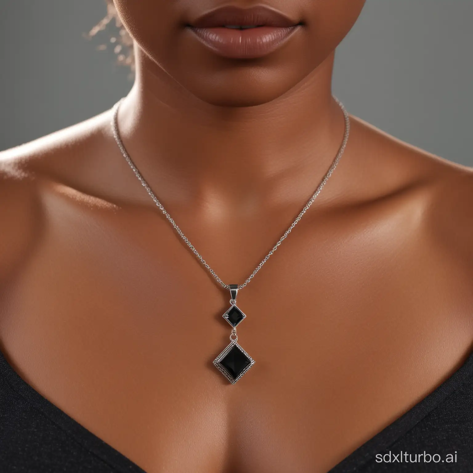A black woman, wearing a square gem pendant on her chest, close-up shot, 4k high definition, realistic skin tone