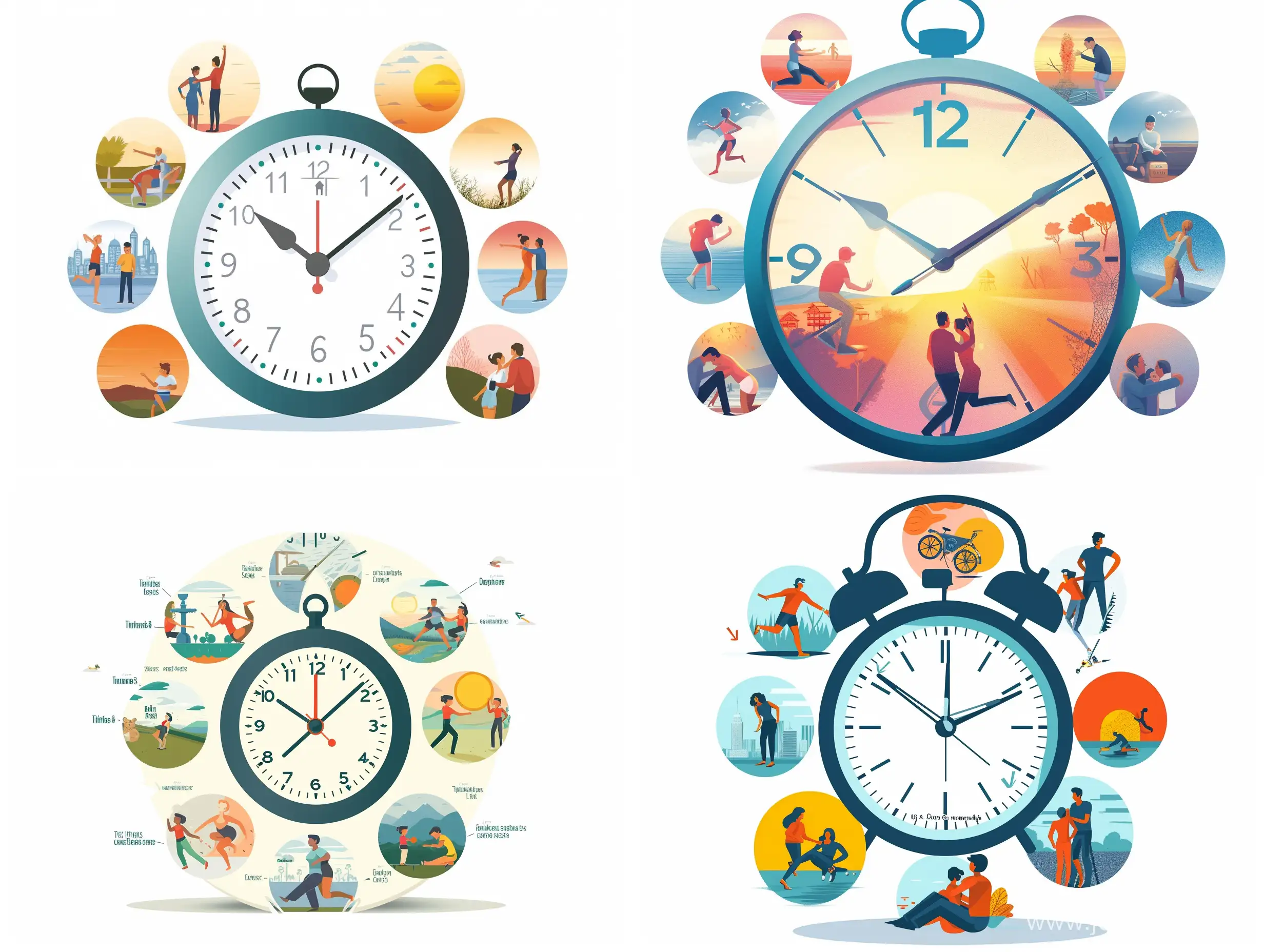 Create an image that represents the theme of 'Timeliness'. Think about moments of timely actions, decisions, caring for one's health, and expressing emotions. The image should feature a clock with hands pointing to a specific time. Around the clock, include various scenes that illustrate the concept of timeliness. One scene could depict a person engaging in morning exercise to emphasize the importance of health care. Another scene could show a couple embracing at sunset to symbolize the timely expression of emotions. Additionally, depict a scene where a person is making an important decision and another scene where someone is helping another person in a difficult situation, highlighting the significance of timely actions. The clock should be the central focus of the image, reinforcing the main theme of the contest - timeliness.
