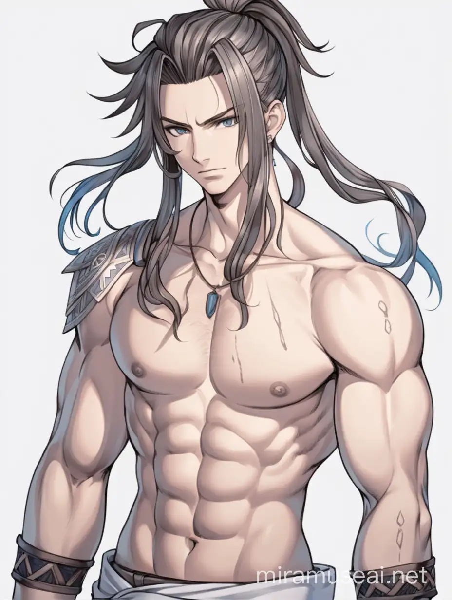 Fantasy JRPG Portrait of Muscular Young Man with Scars and Man Bun Hair