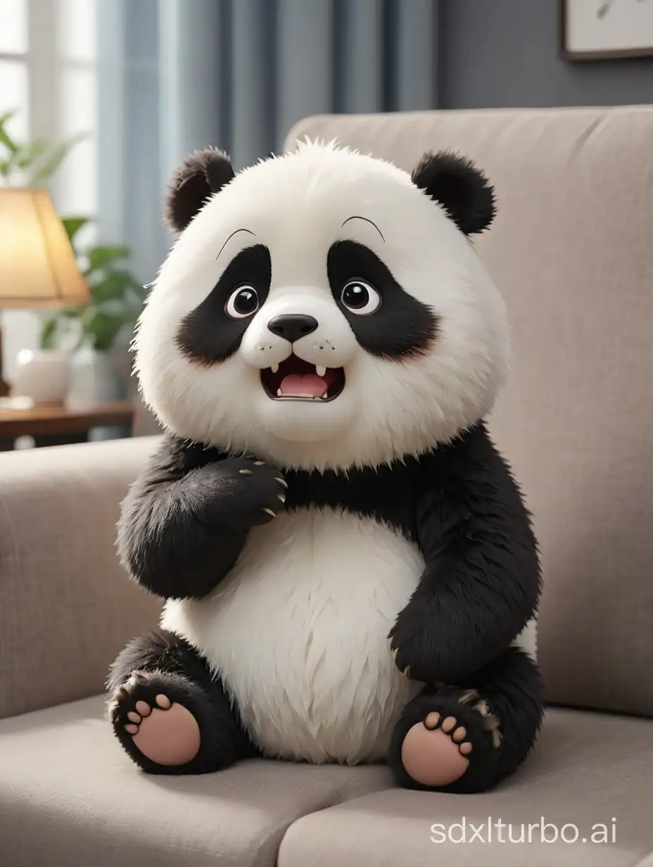 A cute panda doll is crying, with a very cute round body and furry texture, sitting on the sofa