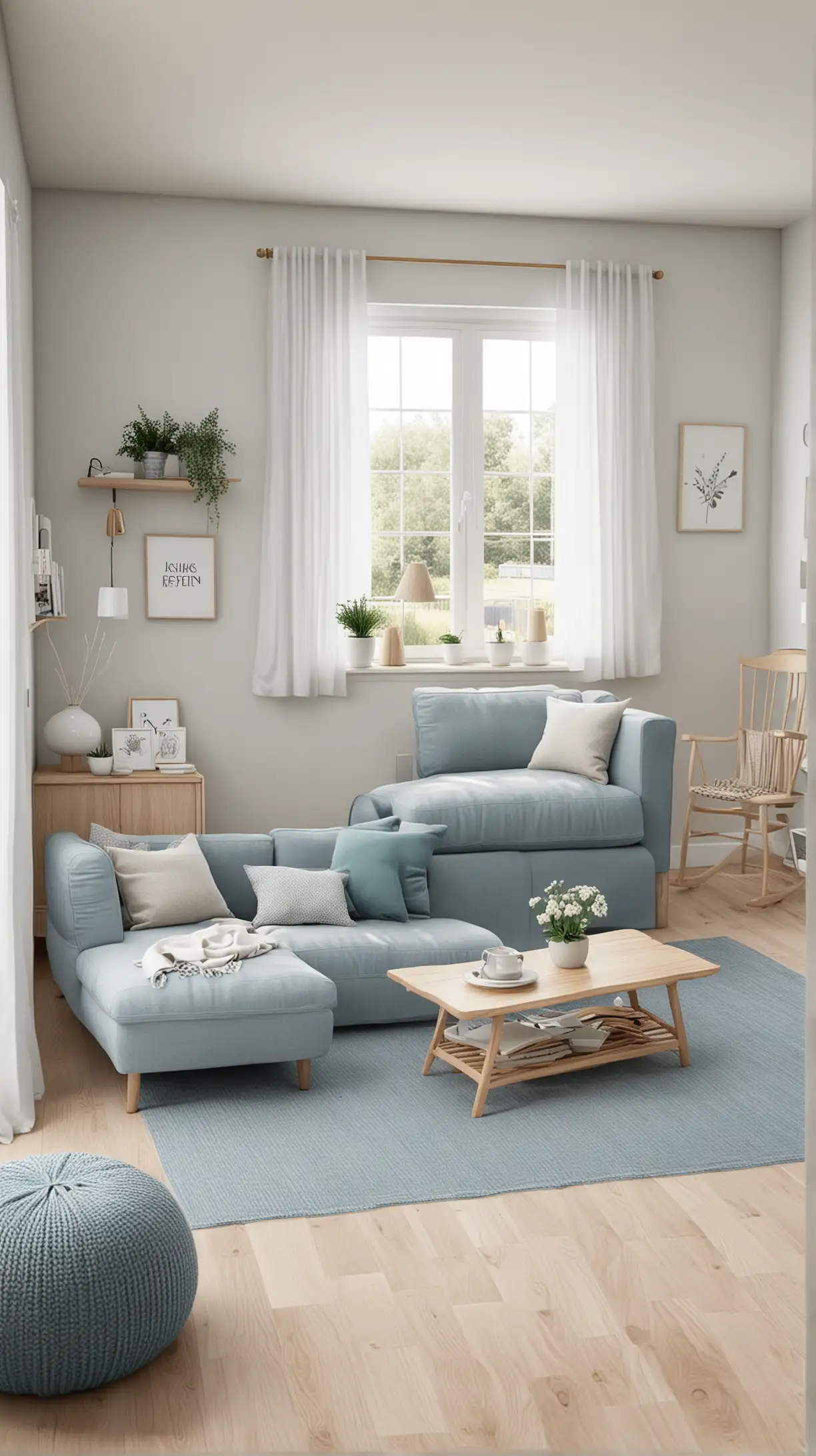 A light and airy Scandinavian-style Bloxburg living room with light wood furniture, soft blues, and minimalist decor for a functional space.