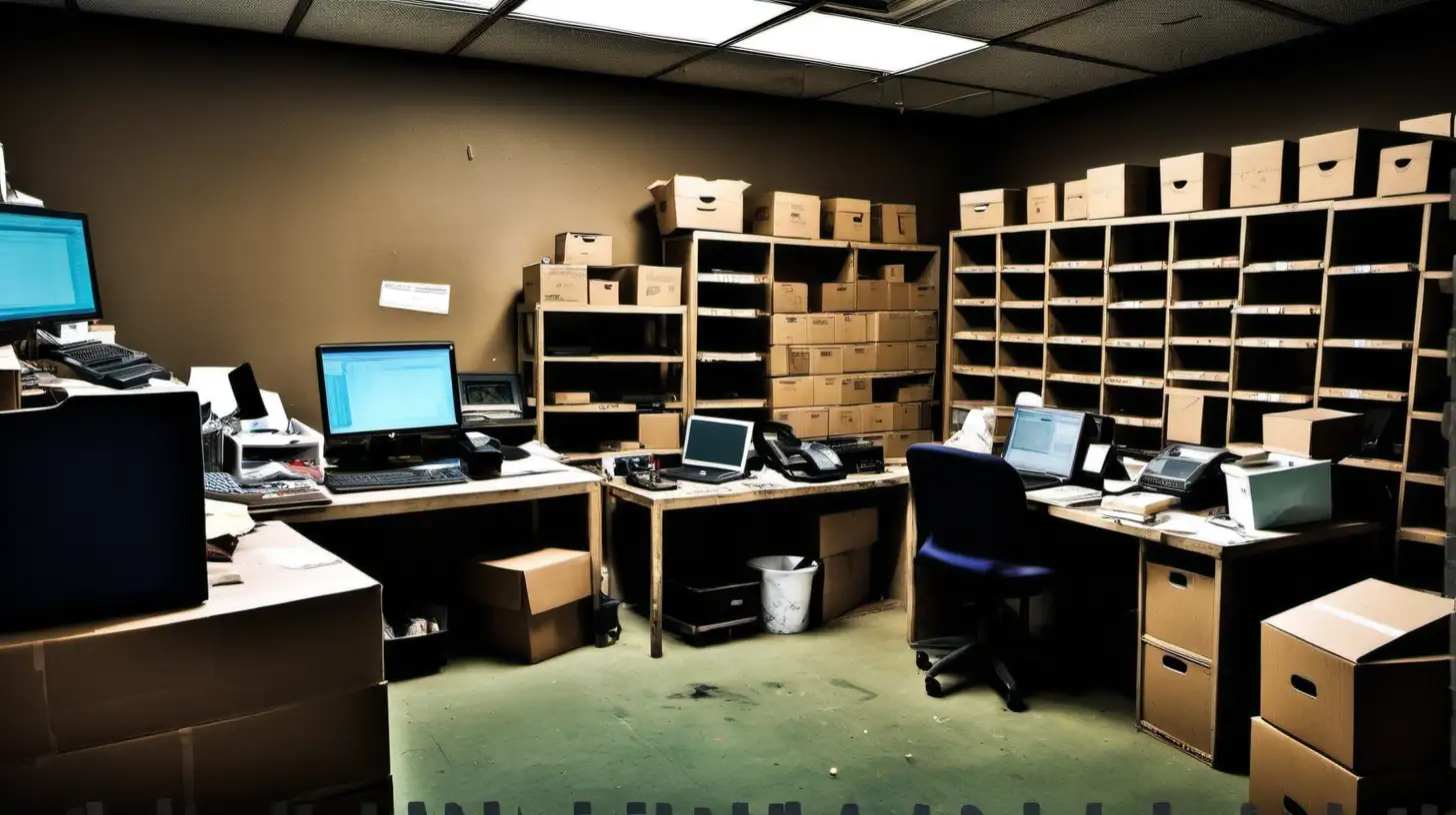 Grunge, back office of a seedy tech store. Has boxes and a desk where the manager sits 
