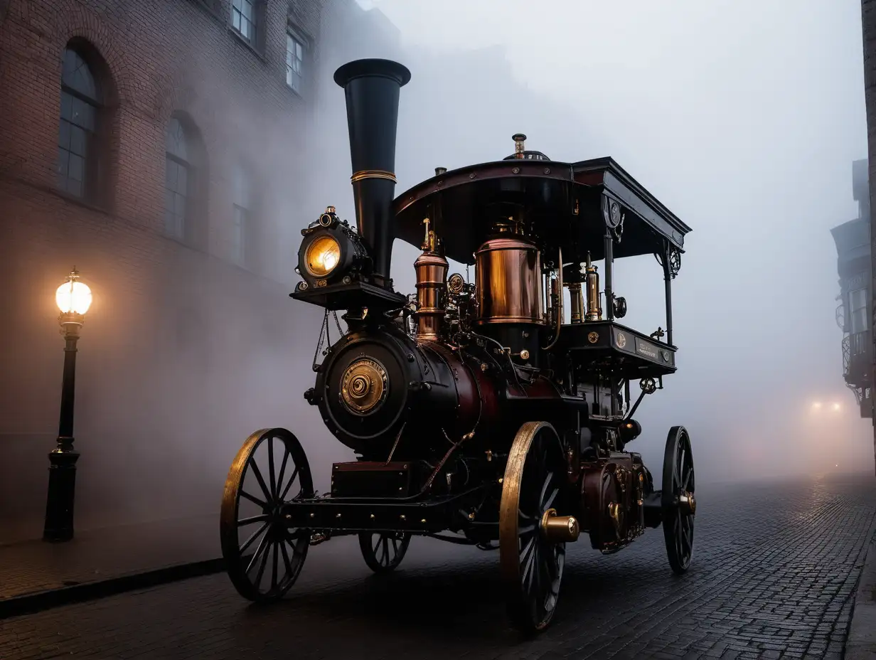Steampunk Car on Foggy City Street Vintage Steam Engine in Urban Darkness