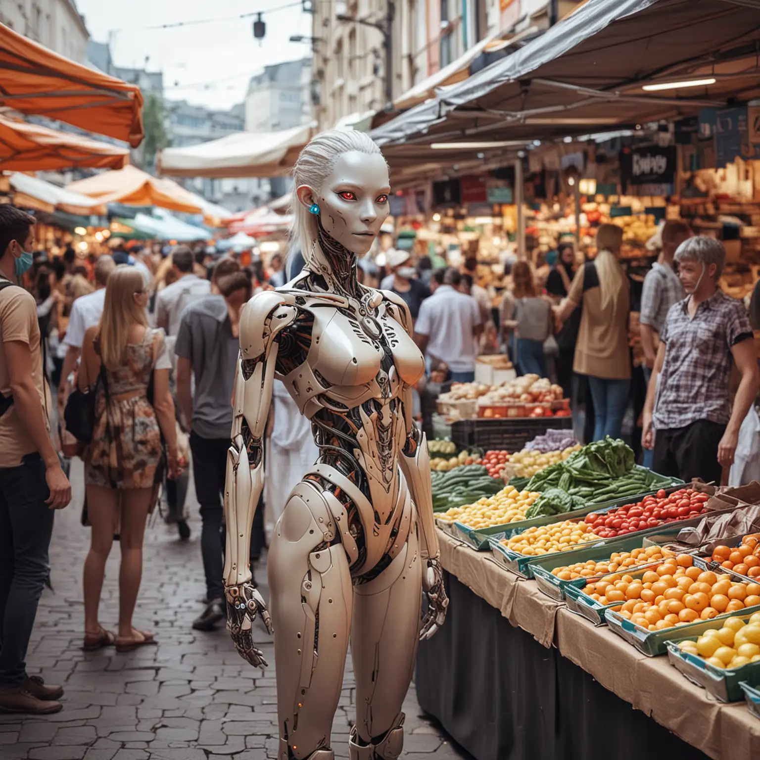 Annaki, humanoid creatures dressing in modern attire, engaging with humans at a vibrant market.
