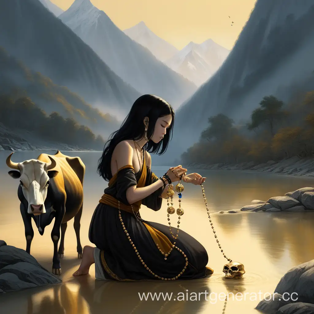 девушка с чёрными волосами и монашеском костюме в левой руке череп коровы а в правой чётки она стоит на коленях в золотой реке на фоне гор