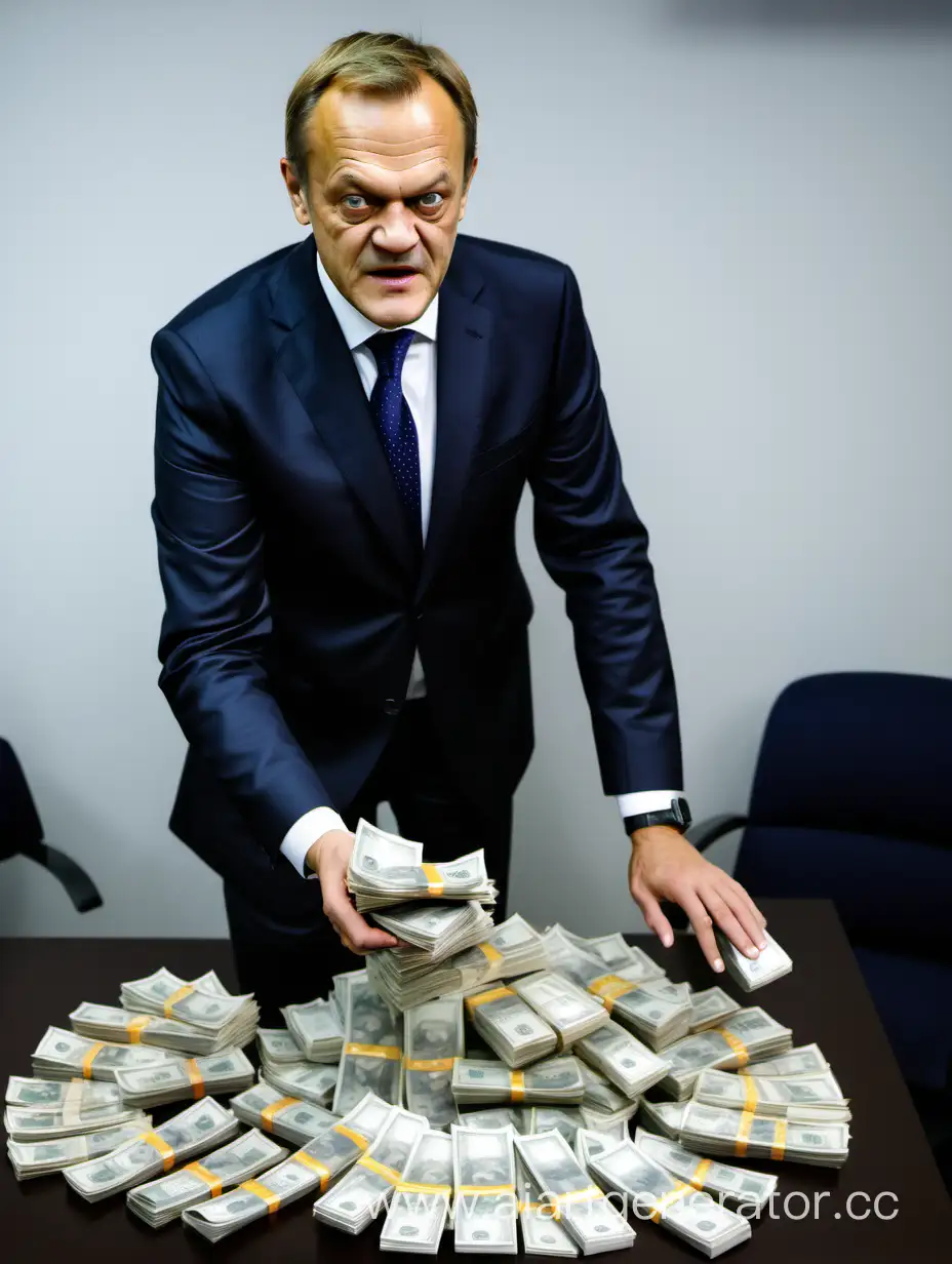 Polish political party  called "Platforma Obywatelska" member Donald Tusk hold a vibrator in his left hand and pile of money in the right hand.