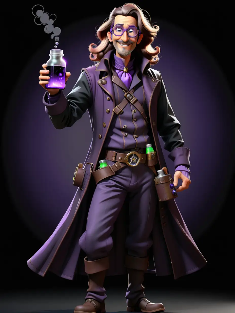 Middle aged male, short stubble facial hair, glasses, really long hair, wearing a purple steampunk explorer outfit, pixar style, black background, cheerful expression, different poses, full body image, long black trench coat, holding potions