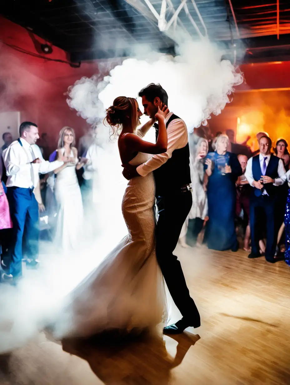 bride and groom dancing one dance at a wedding in heavy smoke near the floor