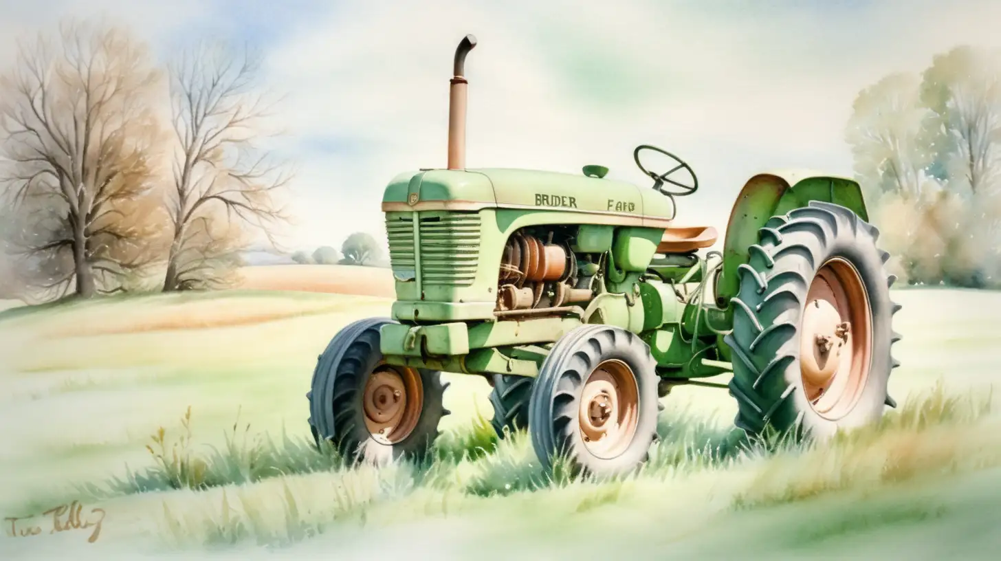 Dreamy Watercolor Painting of Denial Bruder Tractor in Pastel Shades