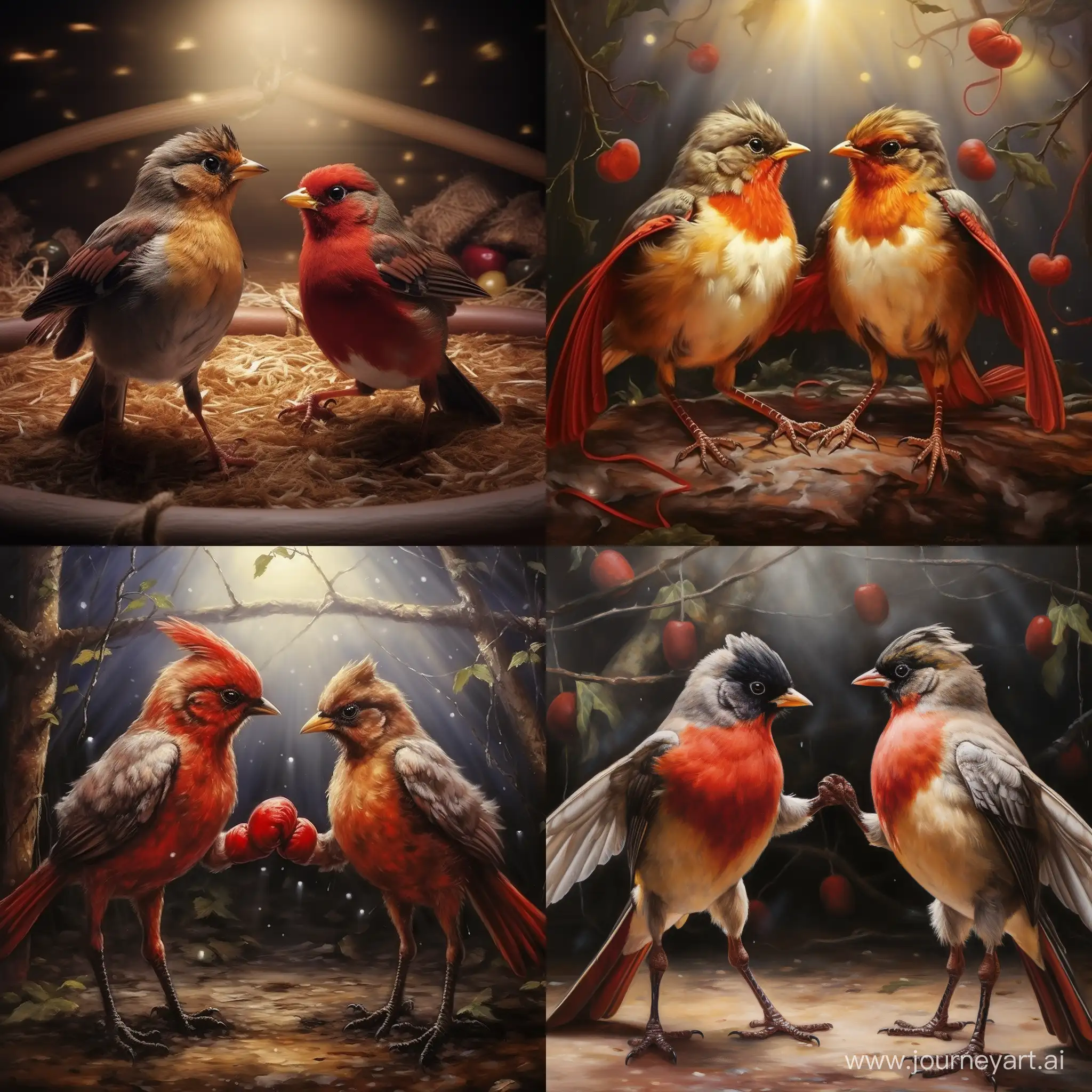 Red robin birds boxing each other in a boxing ring