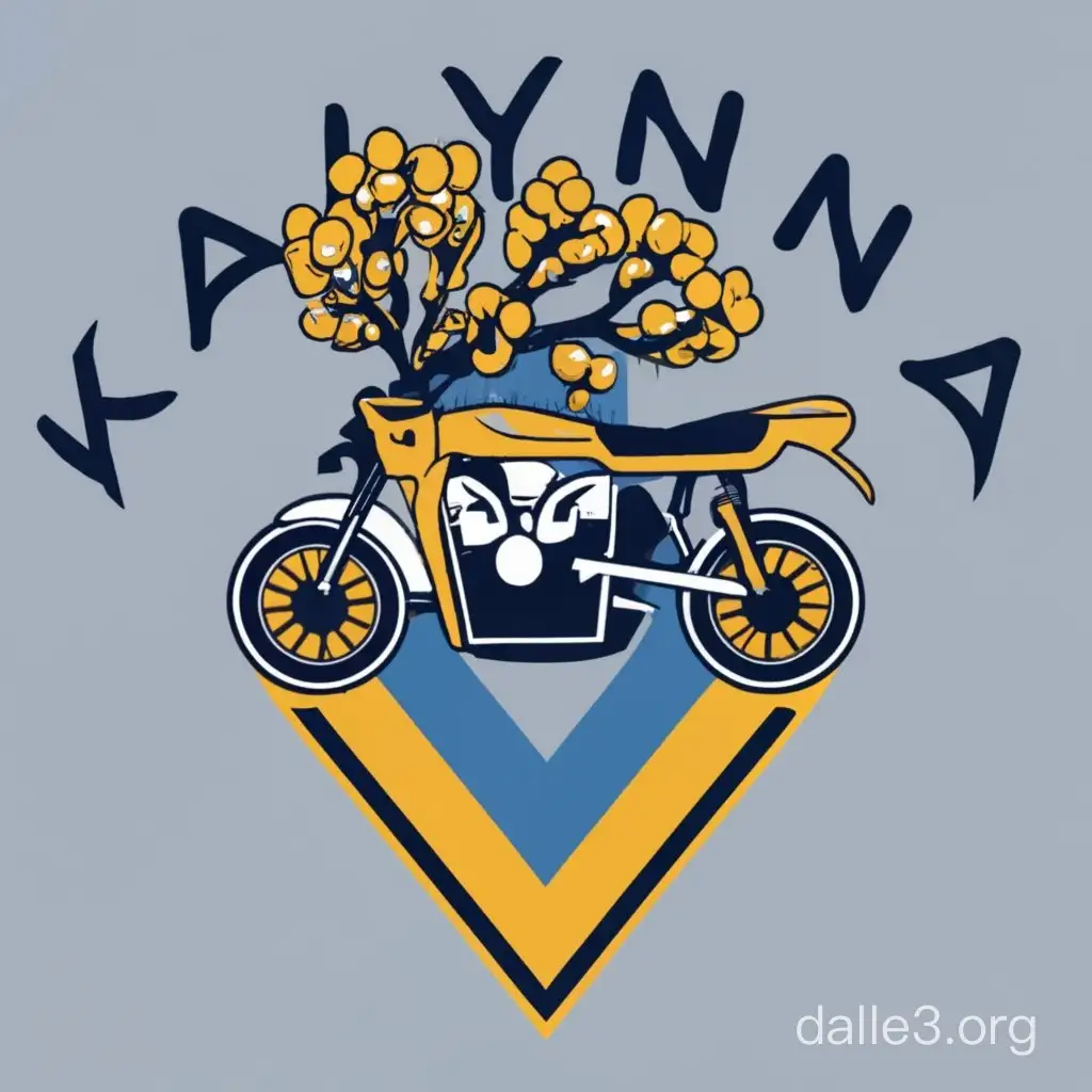 logo for ukrainian moto racing team named KALYNA with blue and yellow flag and a picture of motocycle and a bunch of snowball tree