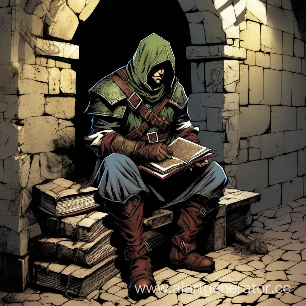 Персонаж ДнД; герой-плут сидит в средневековой тюрьме; крепкое телосложение, шрам под глазом, в руках потрёпанная книжка