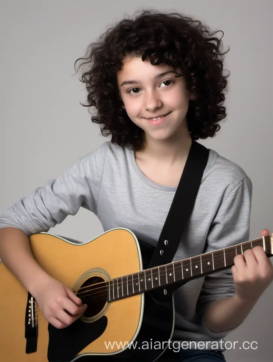 Canadian short dark curly haired 17 year old girl playing guitar