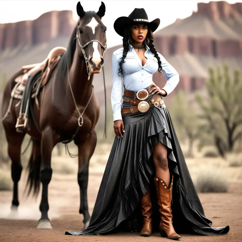 full body view, of a beautiful  sexy african American  cowgirl  Wild West  with a long skirt , standing by her horse semi realistic