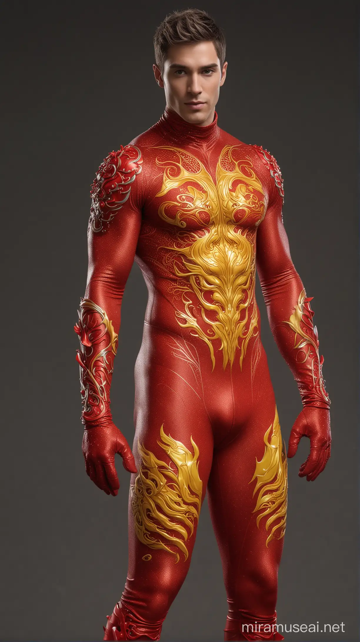  Full full body photorealistic ultra realism high definition aesthetic stabilized diffusion picture of handsome hunky fractal clean shaven  Zayne as celestial mock, wearing red and yellow dragon sparkling biomorphic transparent overall tight fit spandex and gloves..