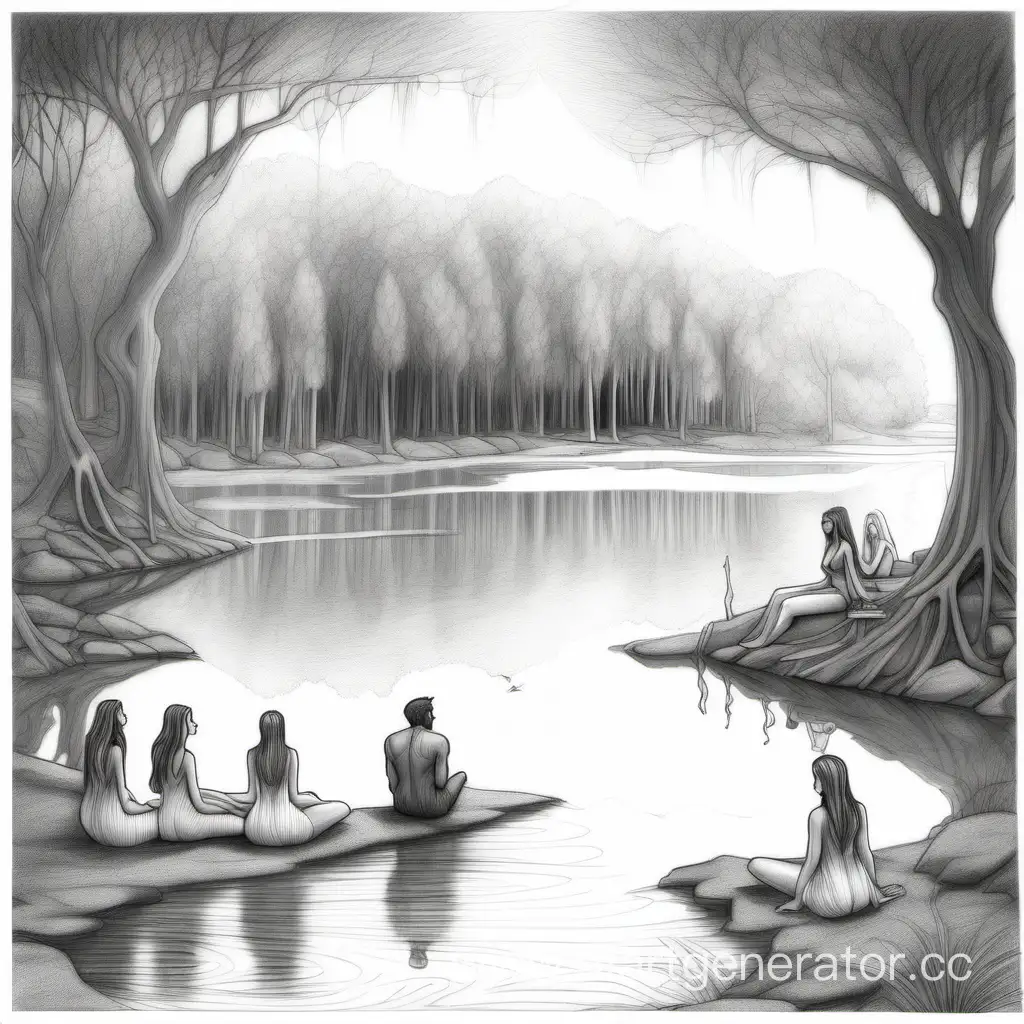 Богини и один мужчина отдыхают на берегу волшебного озера. Рисунок карандашом.