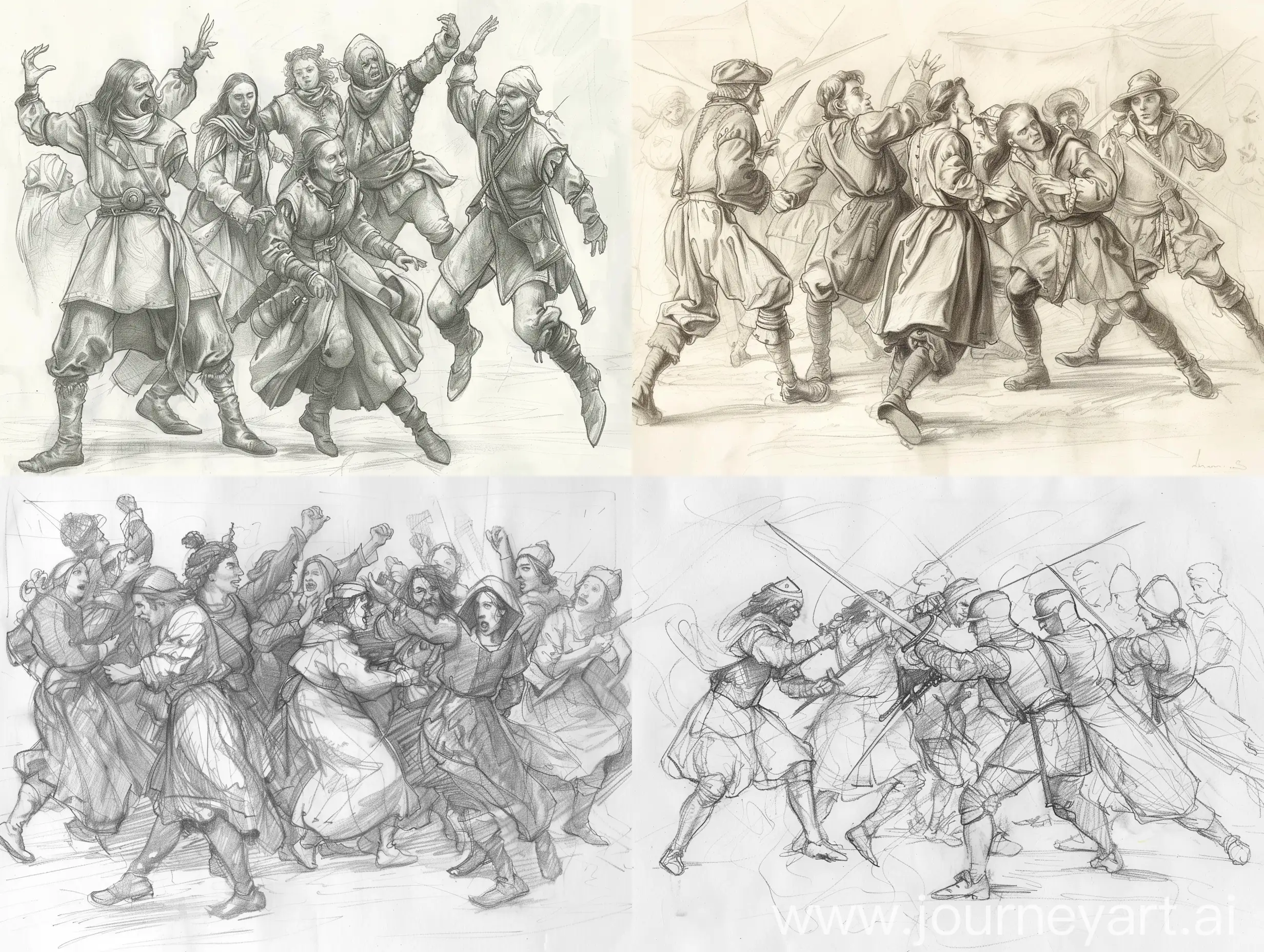 Pencil Sketch of a group of people from 15th century Burgundy, dynamic poses, excellent composition 