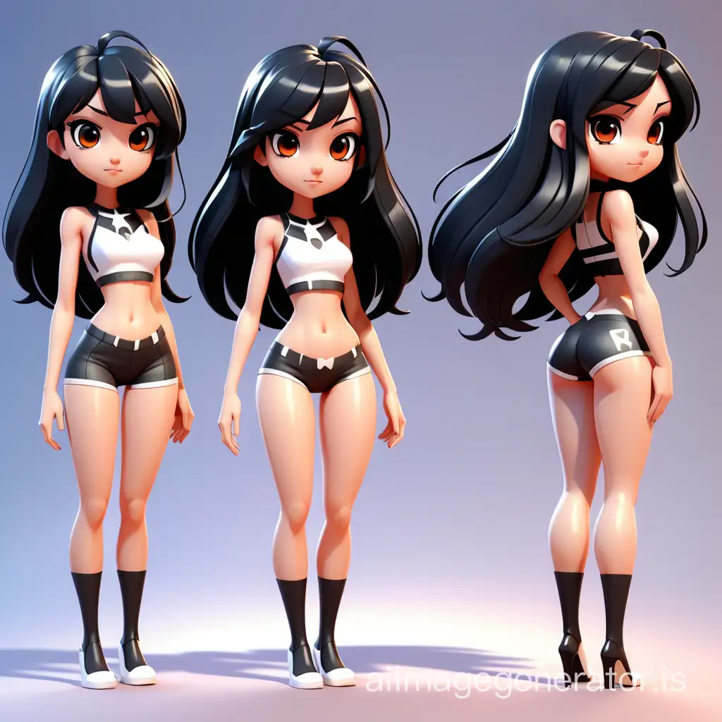 bare vtuber character reference sheet, female, long legs, adult appearance, small waist, small chest, long hair, black hair, comics style, 3d modern cartoon style, pixar style, chibi