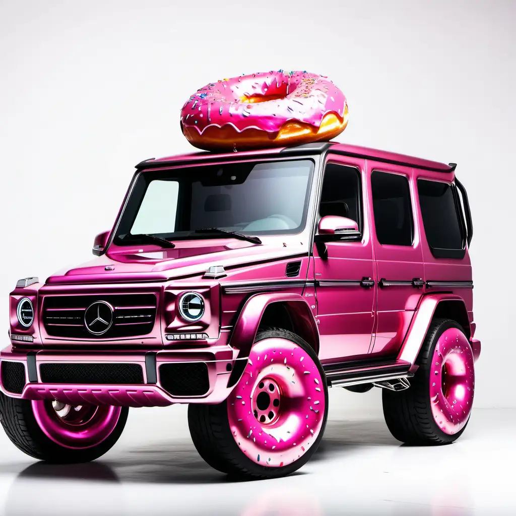 metallic pink side facing, eye level g-wagon with donut rims on solid white background