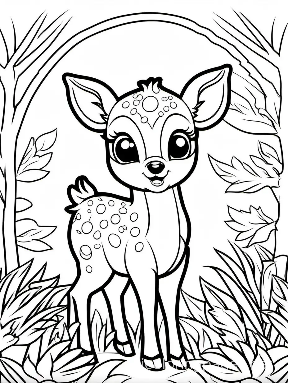 cute baby deer playing, Coloring Page, black and white, line art, white background, Simplicity, Ample White Space. The background of the coloring page is plain white to make it easy for young children to color within the lines. The outlines of all the subjects are easy to distinguish, making it simple for kids to color without too much difficulty