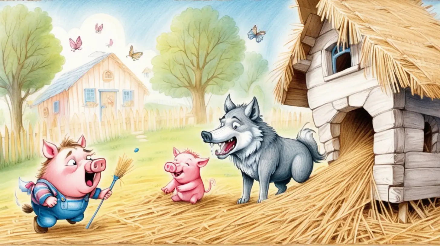 Crying Baby Pig as Mischievous Wolf Smiles Whimsical Fairy Tale Illustration