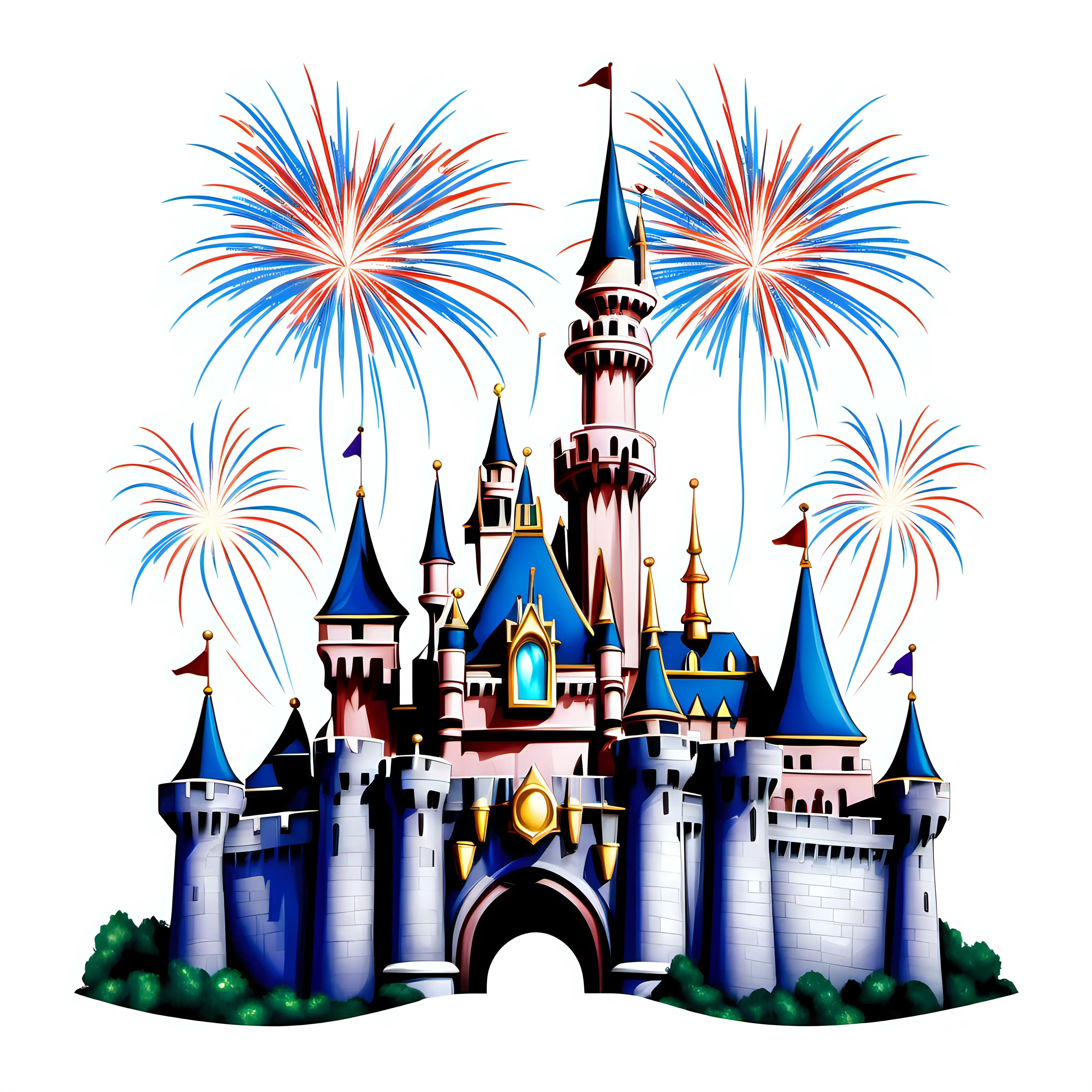 I need an illustration created on a white background. Disneyland. 2024.  Sleeping Beauty castle, mickey, large fireworks over the castle, edges must be sharp or fade to white