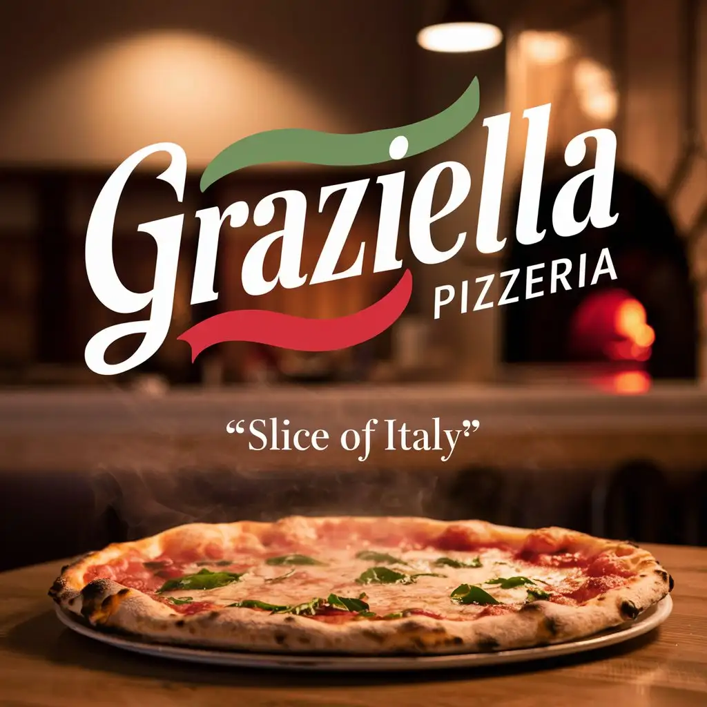 Graziella Pizzeria logo with Italian colors mixed in the font and elegant type style, Quote "Slice of Italy",  Faded light, Hot margarita, Cozy Restaurant atmosphere.