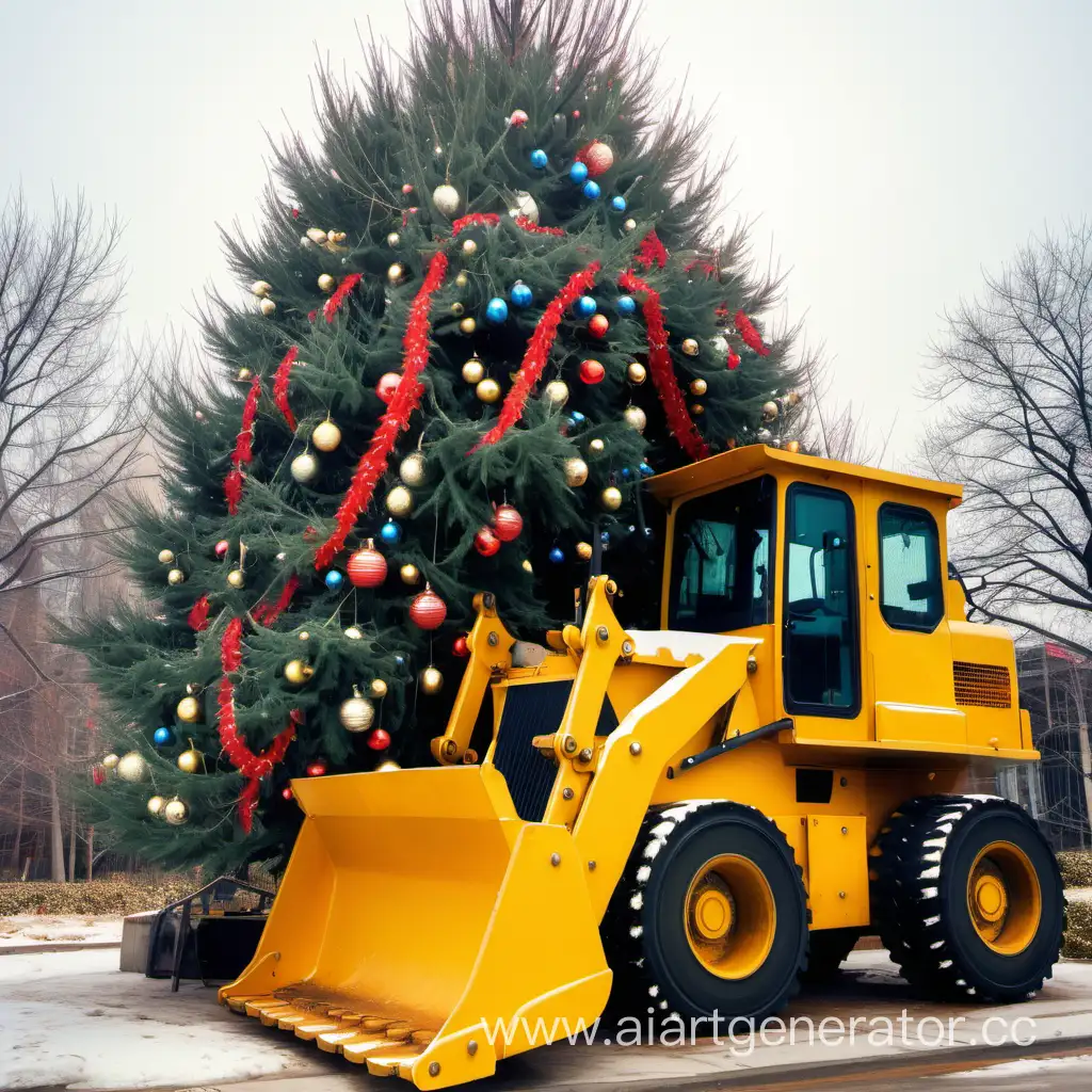 Festive-Bulldozer-beneath-a-New-Years-Tree