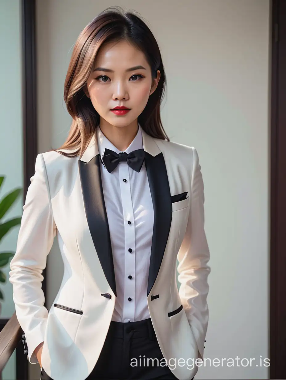 confident and sophisticated and stern asian woman with shoulder length hair wearing a tuxedo, white shirt with black bowtie, lipstick, hands in pockets, open jacket