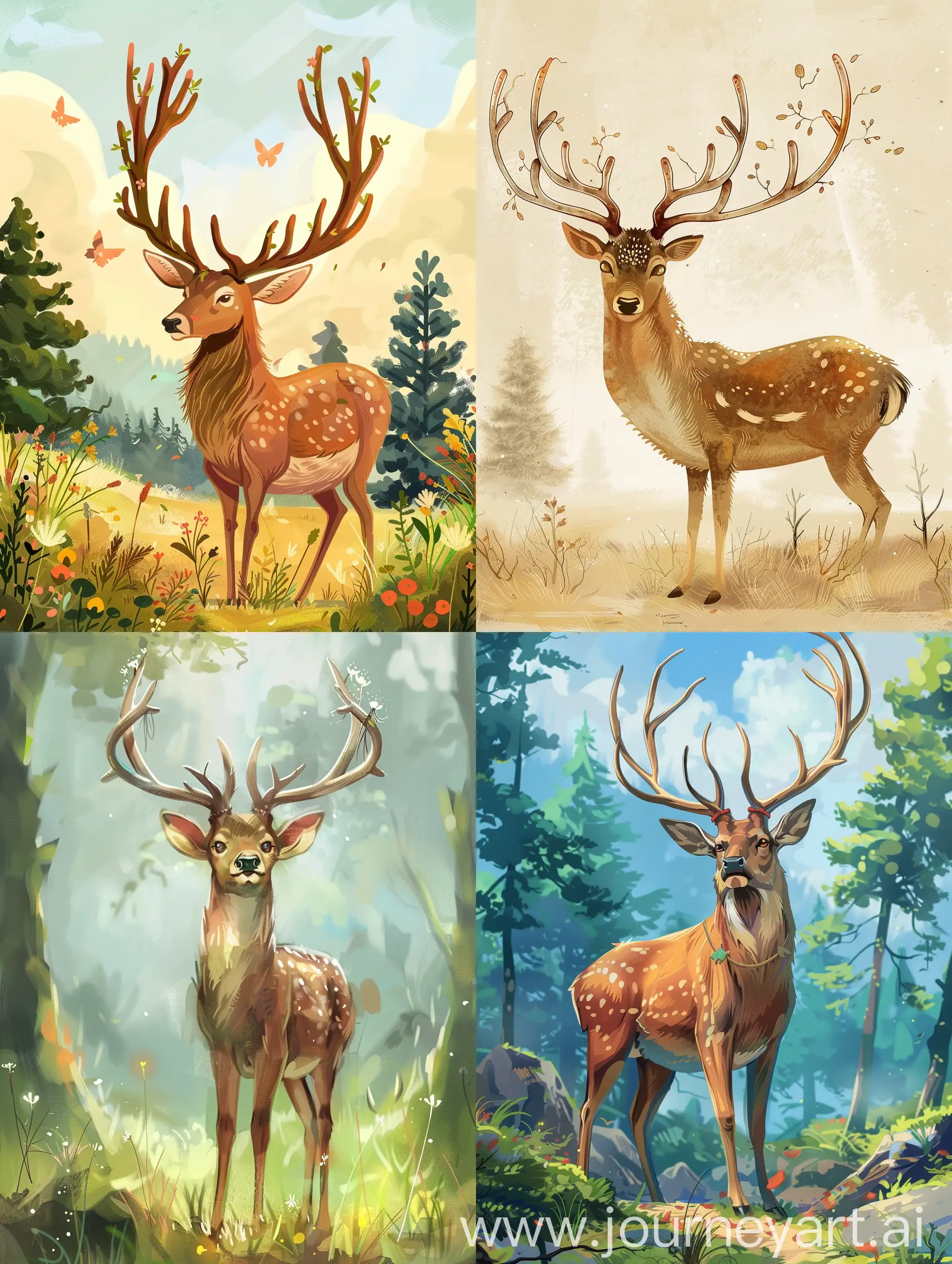 A fairytale illustration of a deer with big antlers.