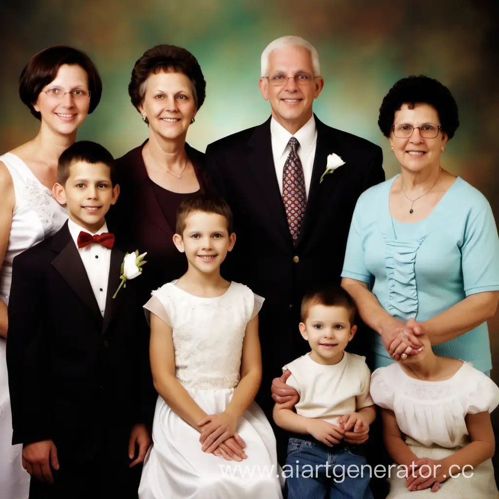 семья 8 человек семейное фото, американцы, пять детей, женатая пара, бабушка