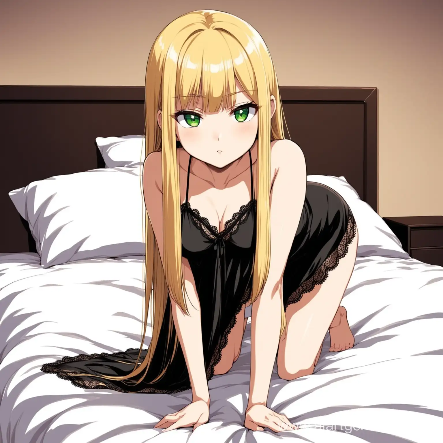 low girl, big green eyes, long blonde straight hair with straight bangs ,She is wearing a short seductive black nightgown, she is standing on the bed on all fours, anime style