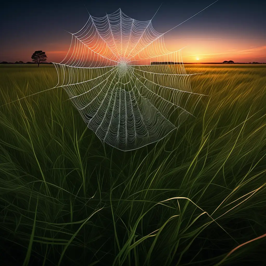 Generate a captivating image featuring a tranquil landscape. In the bottom 90% of the frame, depict a picturesque grass field that appears to stretch endlessly into the distance. Cover the entire grass field with a spider's web, making it clear and intricate in the foreground while gradually losing detail as it extends into the background. This creates the illusion of an infinite web-covered grass expanse.

In the top 10% of the image, showcase a serene sky with a subtle sunset casting warm, soft hues across the horizon. The sky should occupy only this top portion of the frame. This scene should evoke a sense of wonder and tranquility as the intricate spider's web merges with the vastness of the grassy landscape under the twilight sky