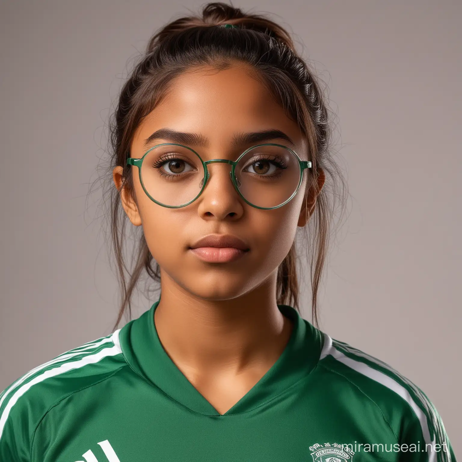 Strong BrownSkinned Girl in Soccer Gear with Green Glasses