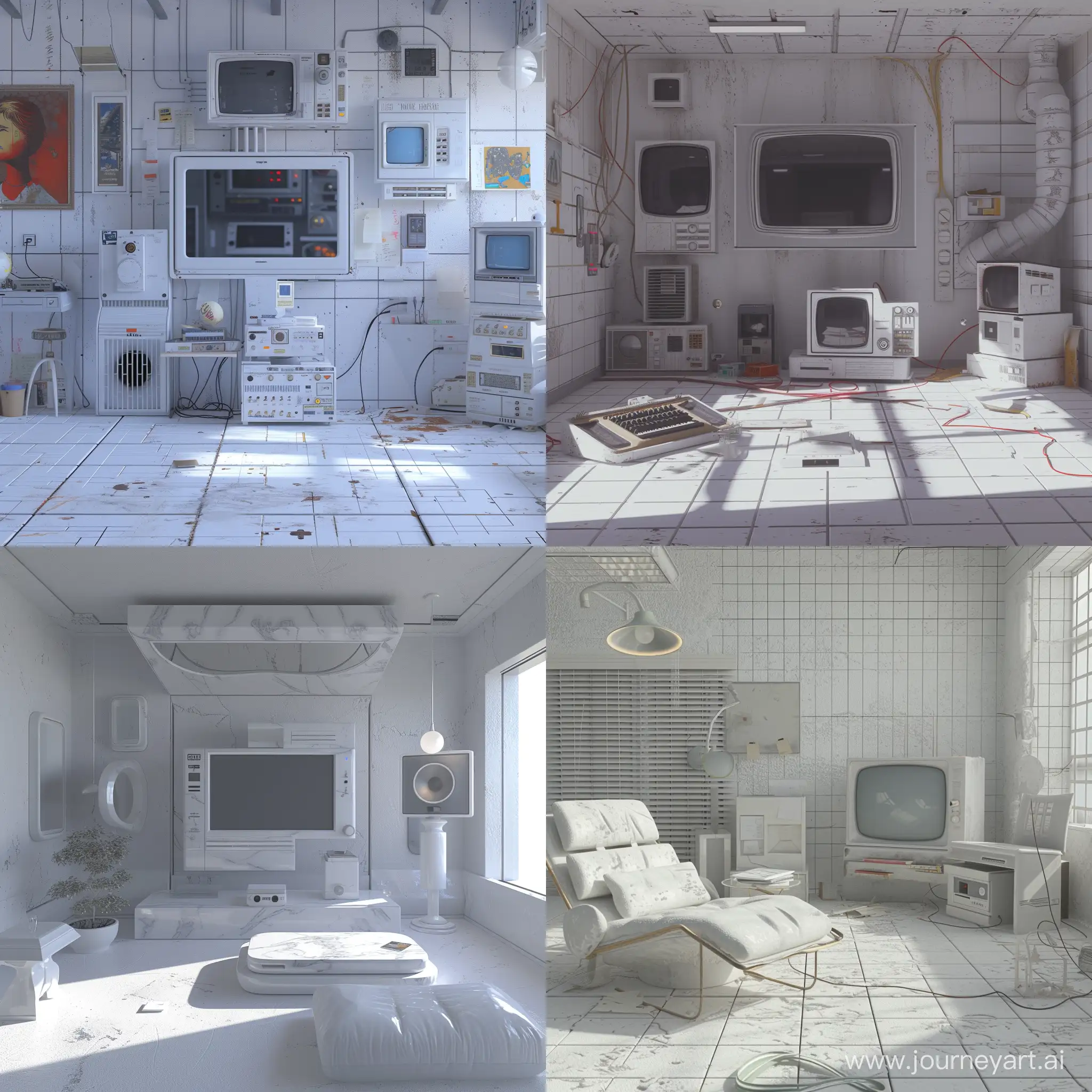 A room from the 80s, real, realistic, photorealistic, vintage, indie, classic, retro, antique, 80s aesthetic, 80s style, 80s effect, 80s look, mega detailed, white and gray aesthetic