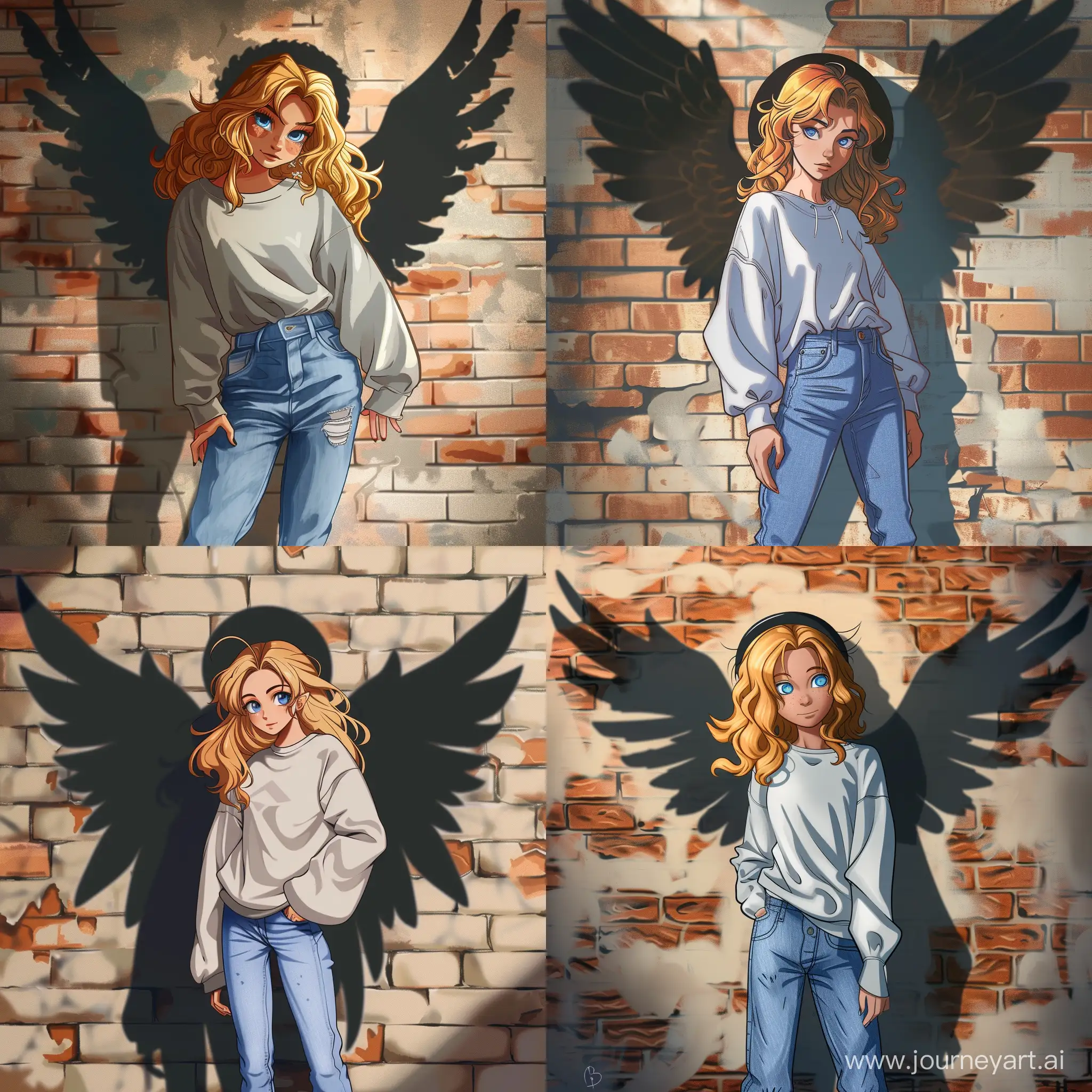 GoldenHaired-Teenage-Angel-with-Shadow-Wings-on-Brick-Wall