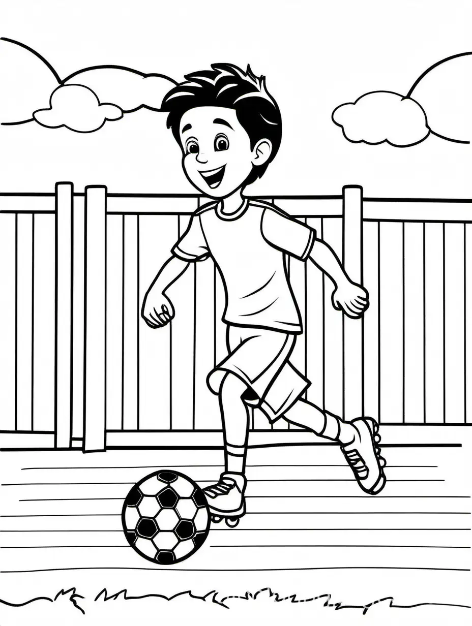international child playing soccer, Coloring Page, black and white, line art, white background, Simplicity, Ample White Space. The background of the coloring page is plain white to make it easy for young children to color within the lines. The outlines of all the subjects are easy to distinguish, making it simple for kids to color without too much difficulty