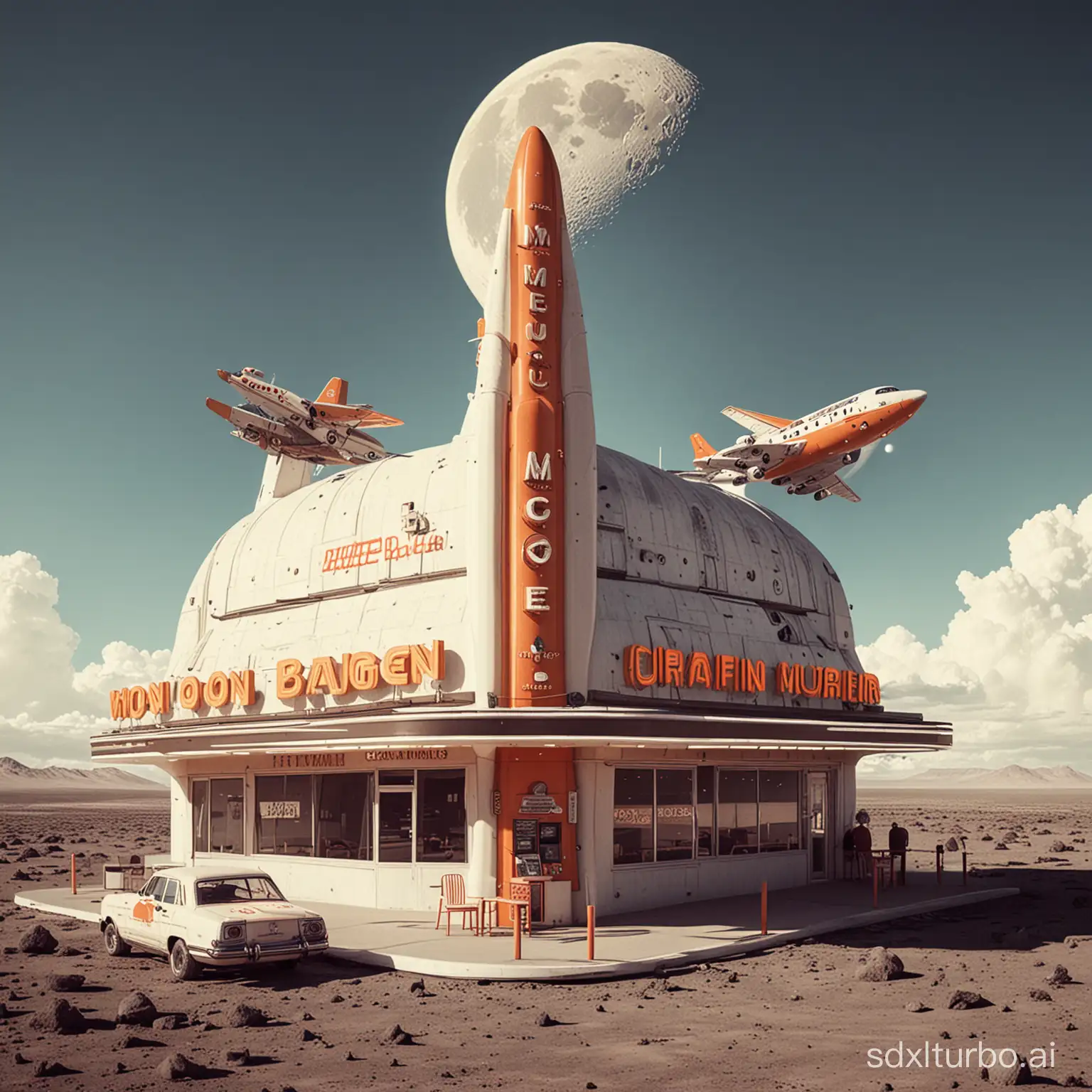 - A fast food restaurant on the moon with name “”Moon Burger“”. Retro pop style architecture. Airplane shot. 