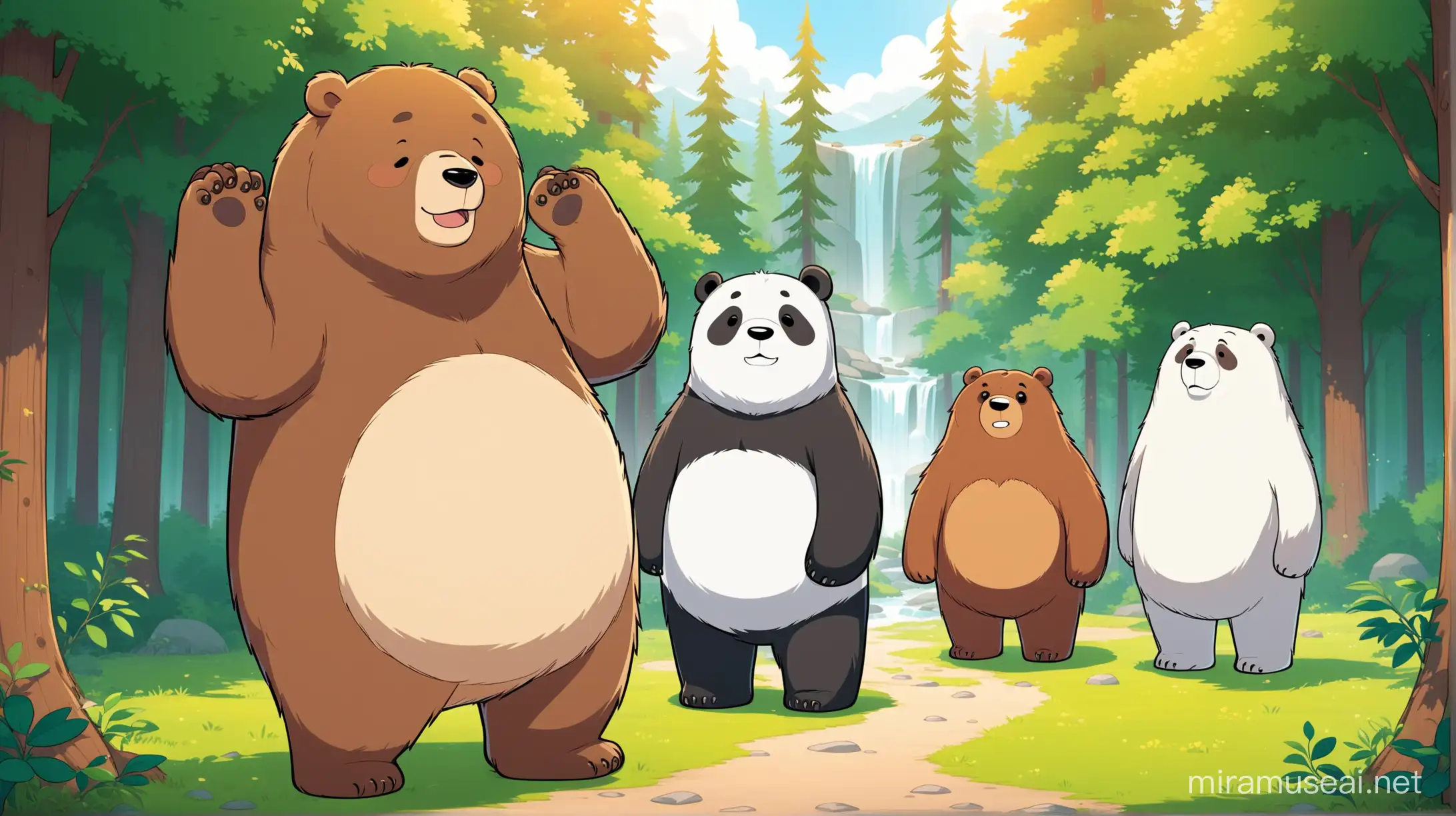 Panda, Polar Bear and Brown Bear, three brothers from the cartoon group We Bare Bears, live in their house in the forest.