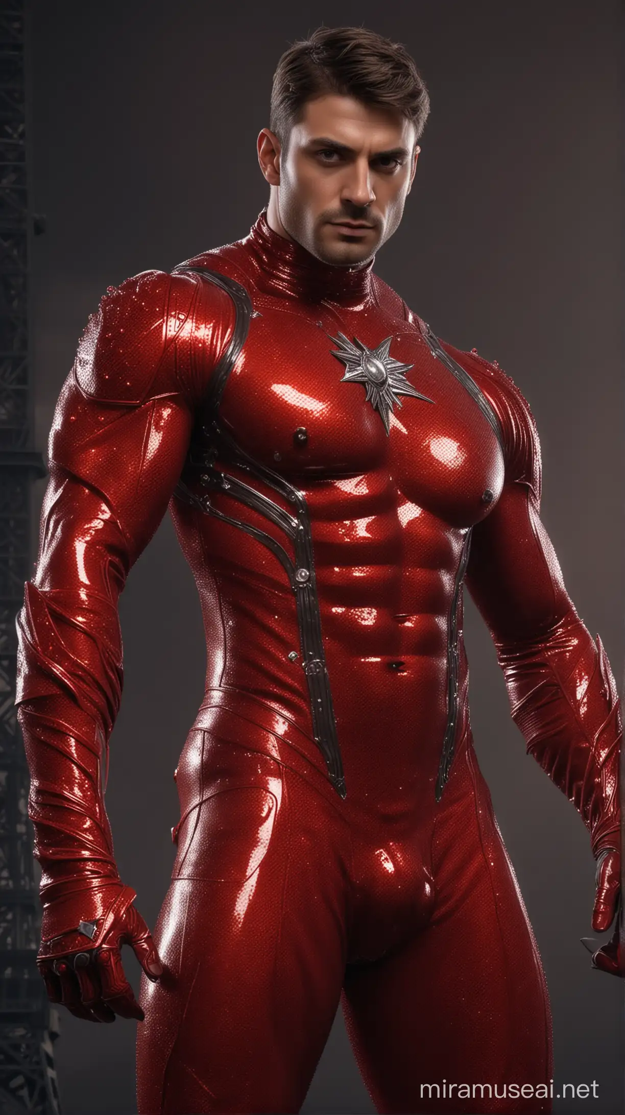 full body photorealistic handsome hunky Miraculous Warrior,,buff body standing in  Red diamond transparent tight latex suits with diamond gothic designs with a super bulgeness concentrated and dramatic face, dream vision, extremely realistic, perfect face, perfect eyes, masterpiece, artwork of intricate art, arts station. 4K HD, dark night light, dynamic, dynamic pose, action, motion blur, wide angle, cinematic lighting, post processing, dramatic compositing, dramatic view, dramatic angle views . Eiffel tower is the background