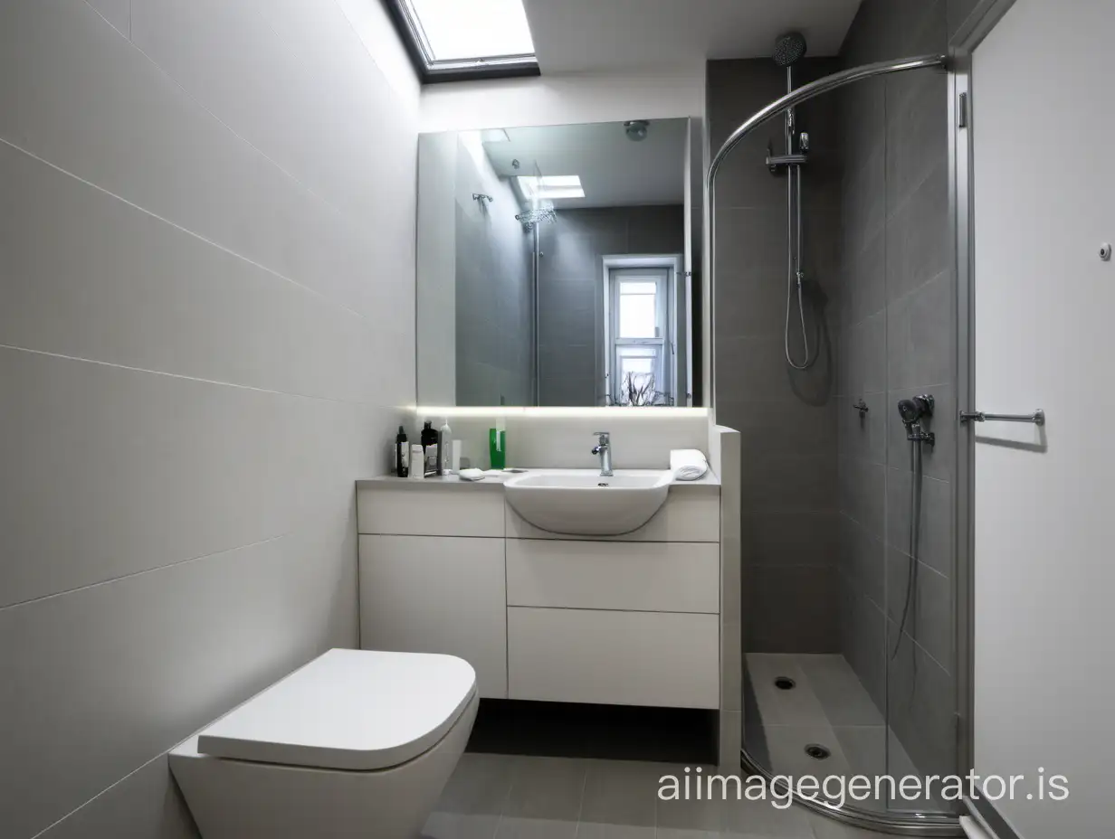 interior of a narrow bathroom. it's 1,40 m wide. the basin is in front of bidet and wc.  at the end of the room there is the shower with small window inside