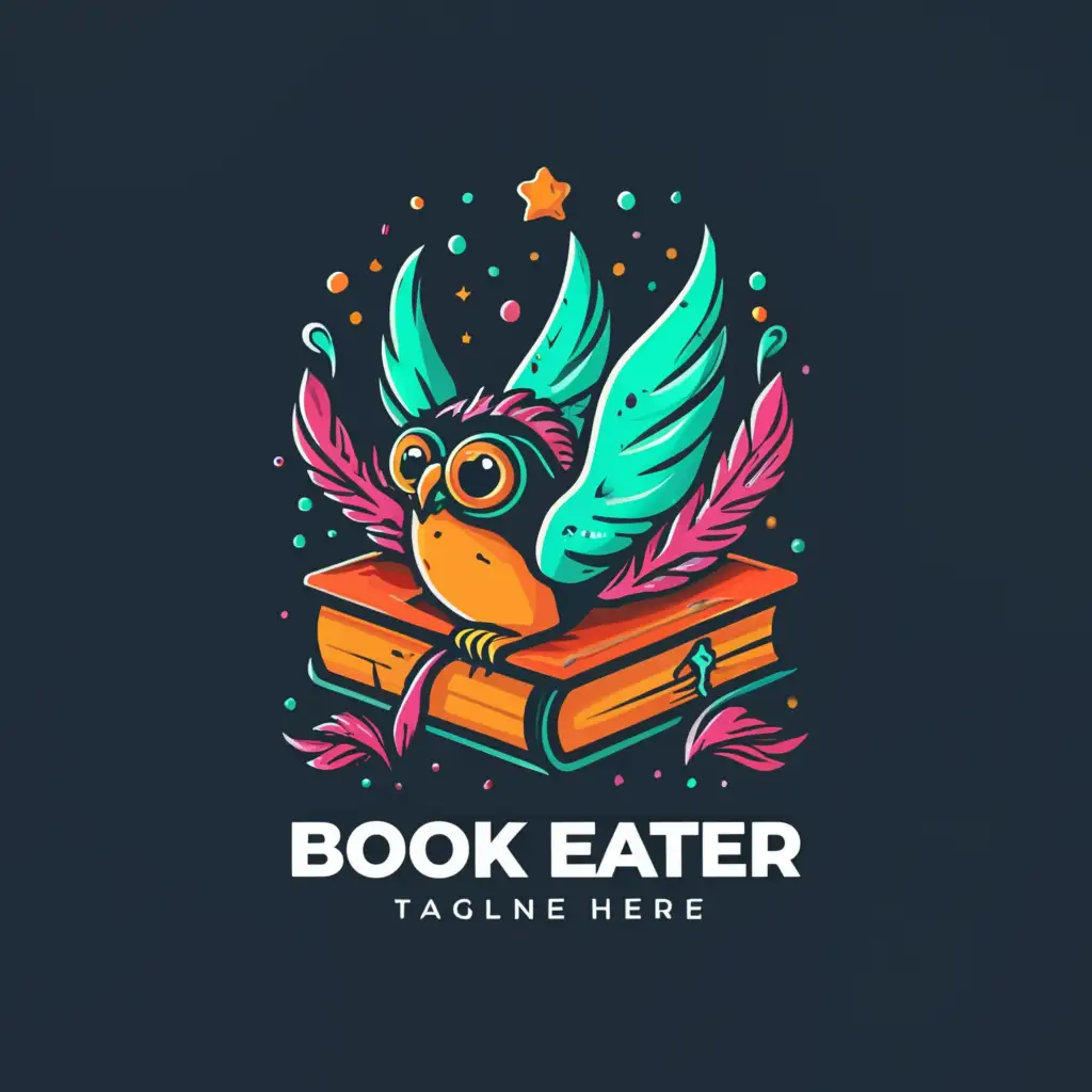 a logo design, with the text 'a 3d like book with feather pages, vivid colors and stars', main symbol: book eater, complex, clear background