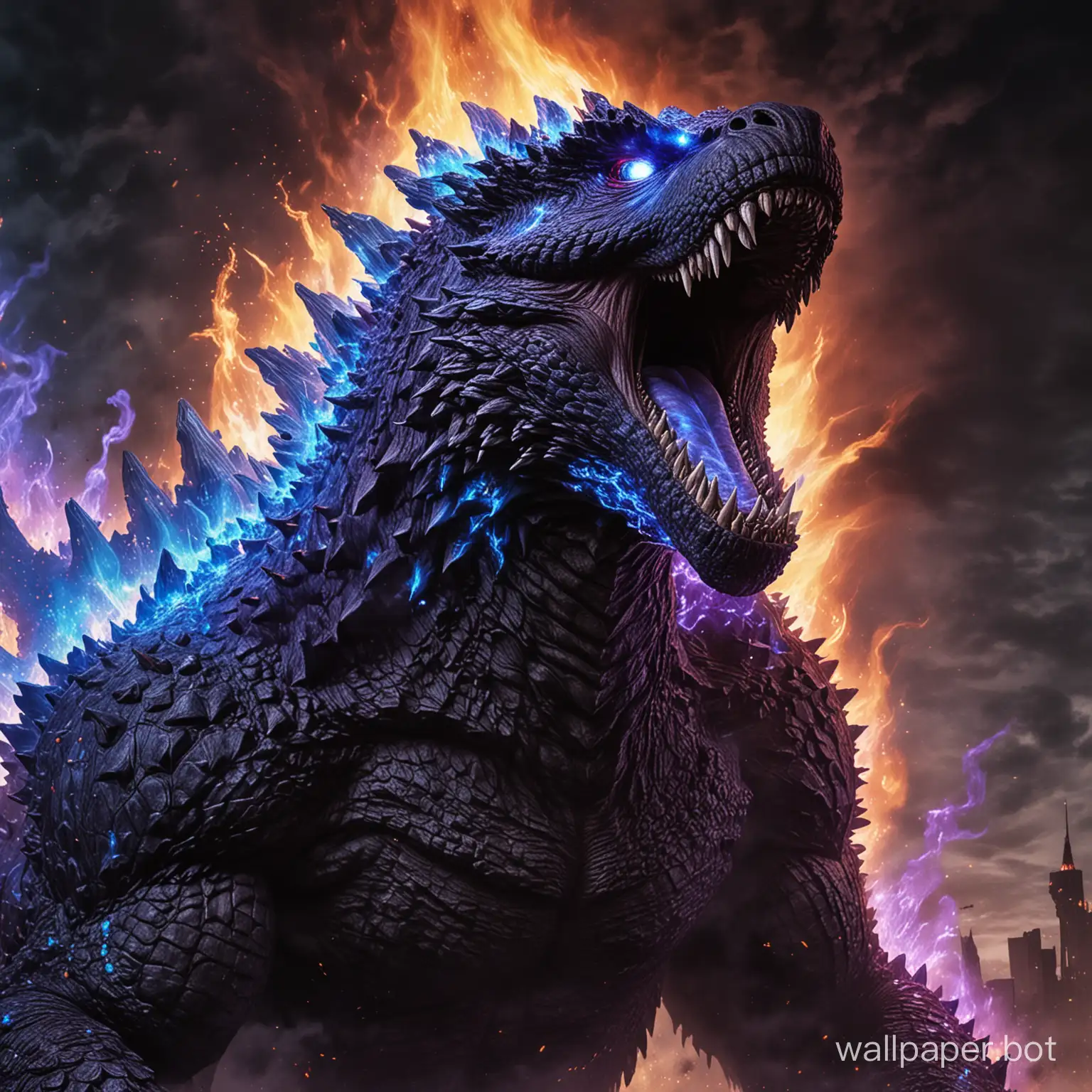 The enormous Godzilla dark purple emits blue flames from its mouth