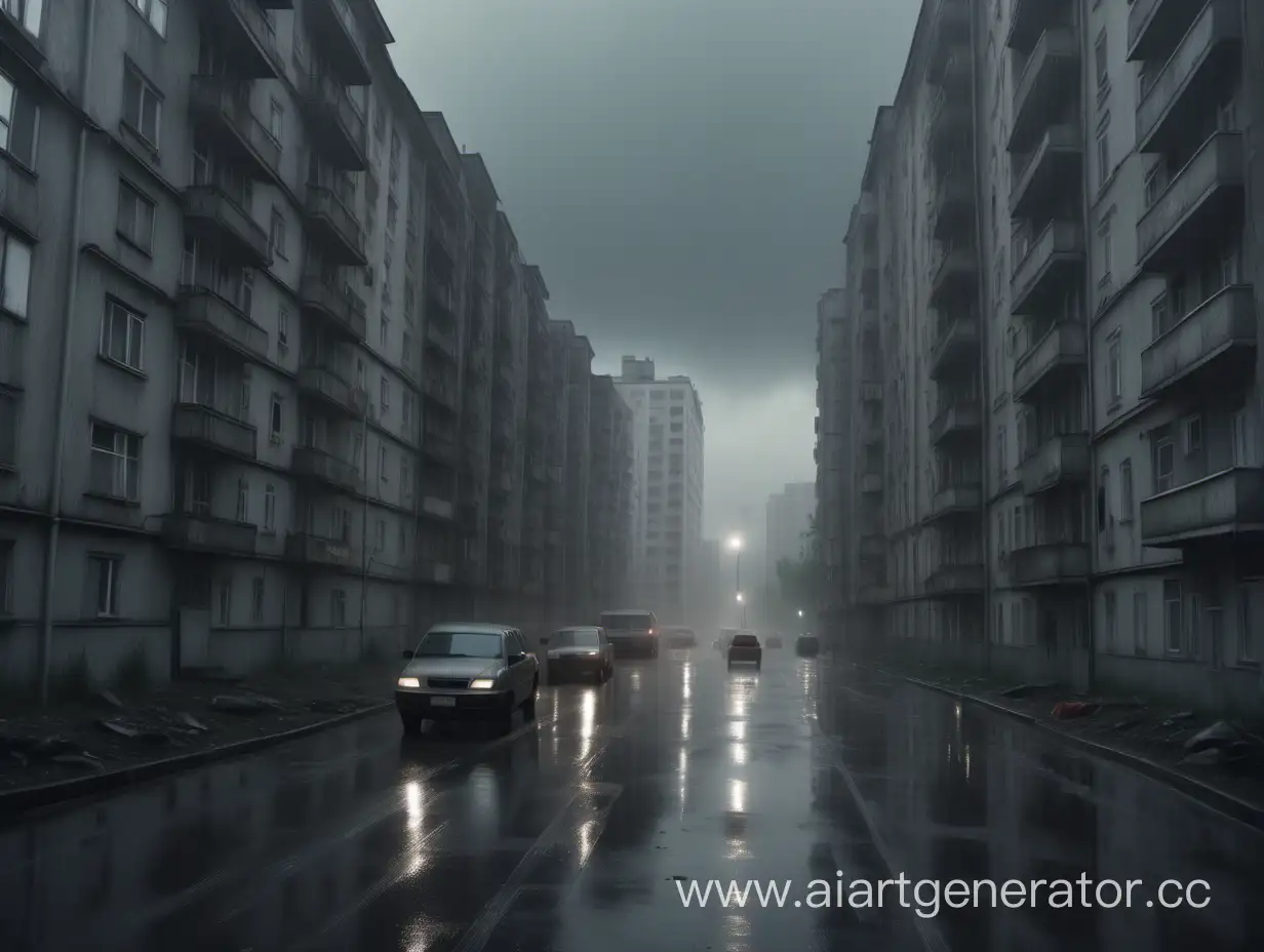 Russia of the 90s. A gloomy street, gray apartment buildings, sad people going to work, a dystopian atmosphere. Drizzling light rain, light fog. High detail, realism, 4K